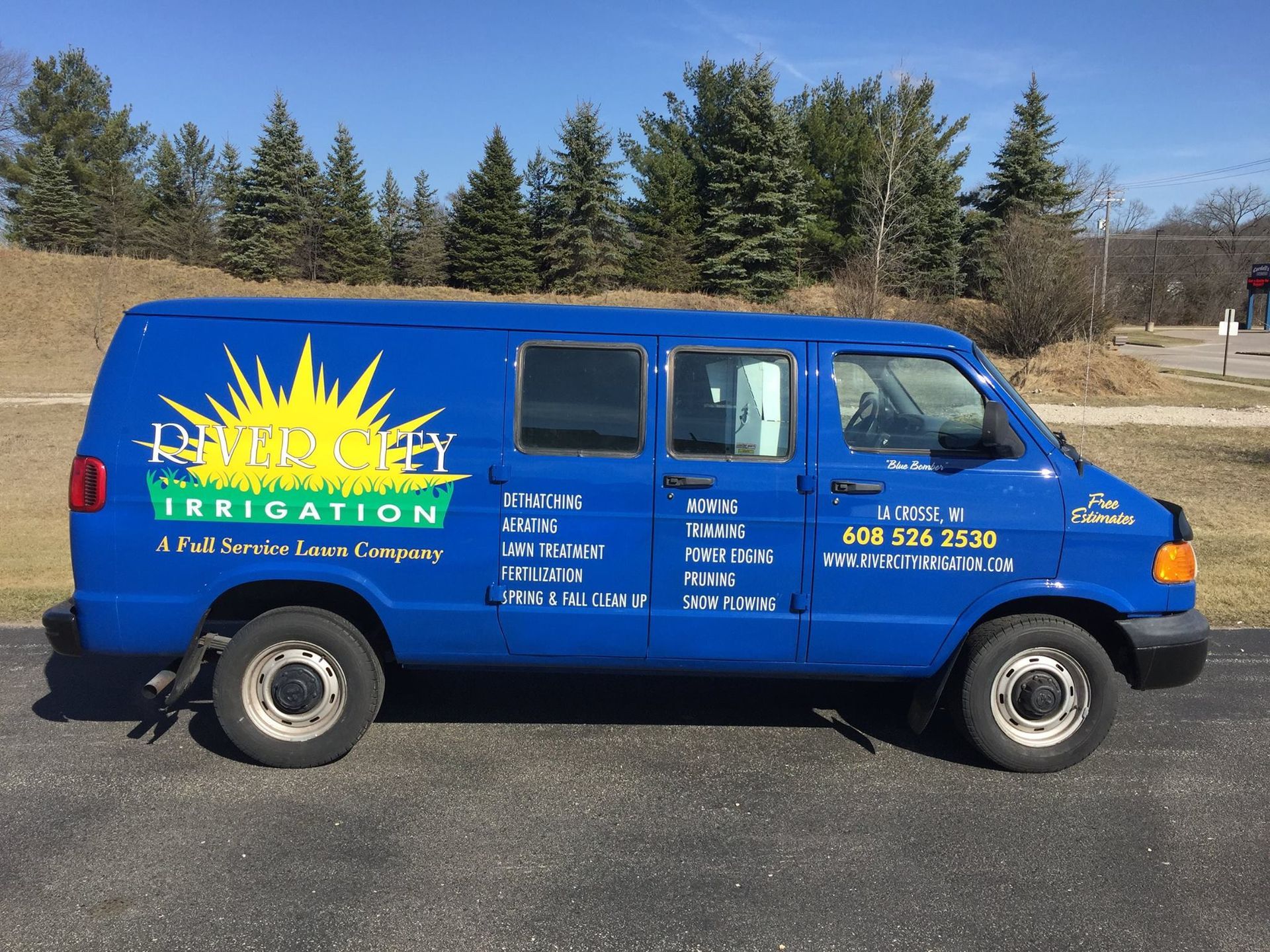 A Blue Van with The Word Irrigation on It | Onalaska, WI | River City Irrigation
