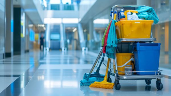 Cleaning cart with buckets, mops, and supplies in a brightly lit hallway with an escalator.