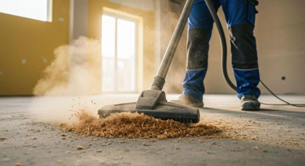 Person in blue work clothes vacuums up sawdust on a concrete floor in a room | post construction cleanup