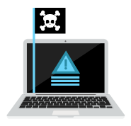 Portátil con bandera de calavera y huesos cruzados; símbolo de advertencia en pantalla.