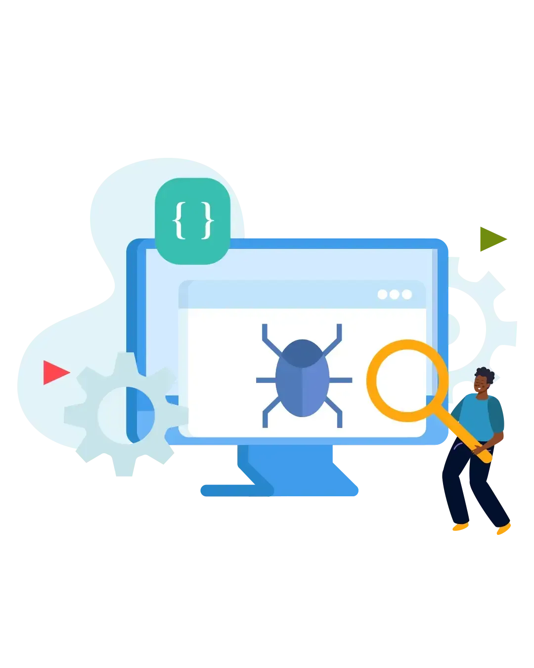Ilustración de una pantalla de ordenador con un insecto, una lupa e iconos de desarrollador para depurar software.