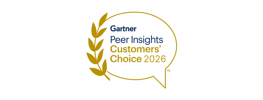 Insignia Gartner Peer Insights Customers' Choice 2024 en dorado y blanco con bocadillo de diálogo y corona de laurel.