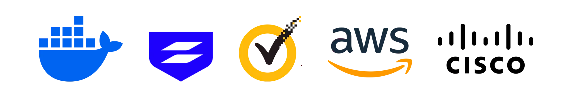 Logotipos de Docker, Shield, Checkmark, AWS y Cisco sobre un fondo blanco.
