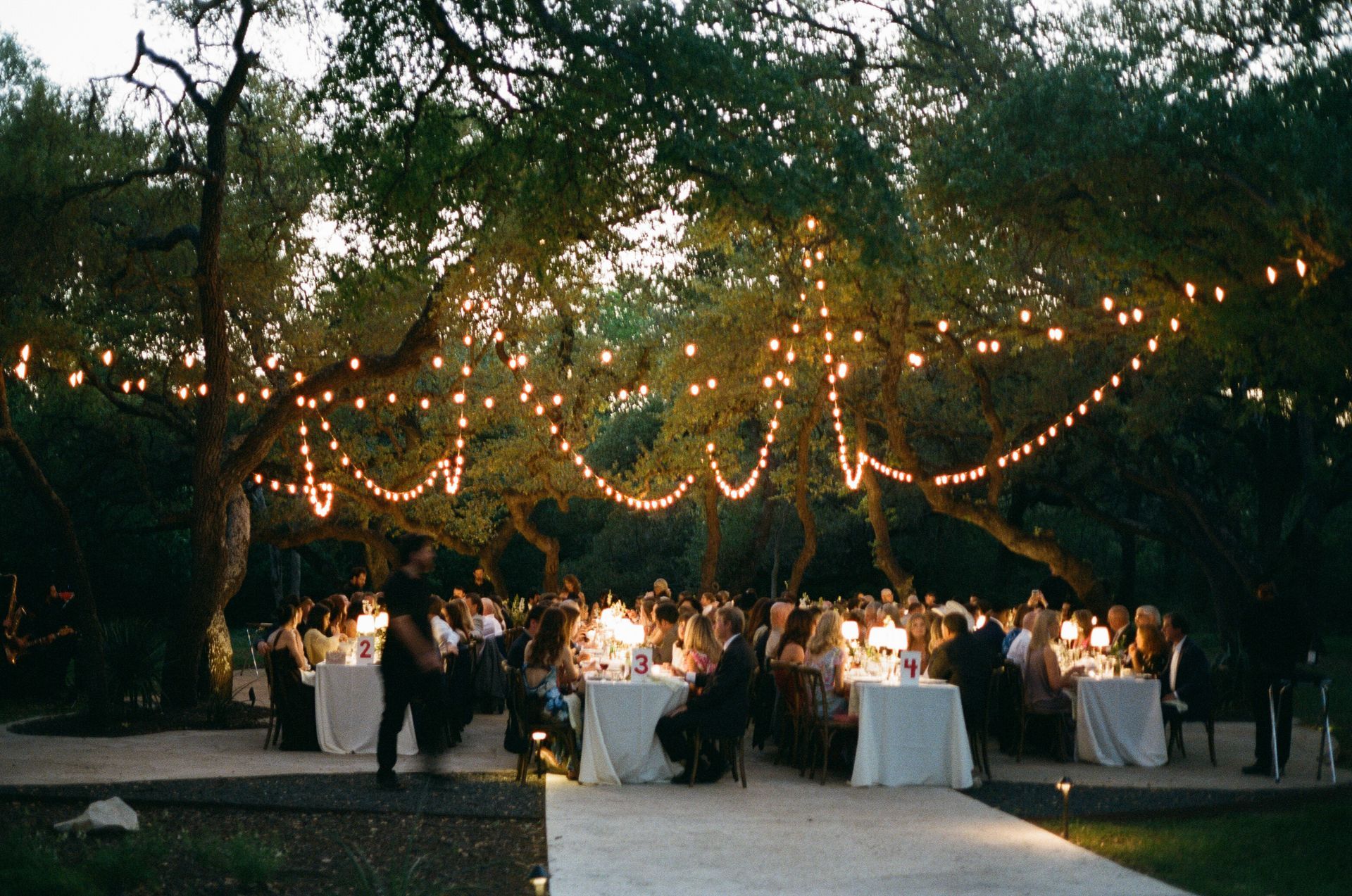 An outdoor evening wedding reception with guests seated at candlelit tables under string lights in a grove of trees.