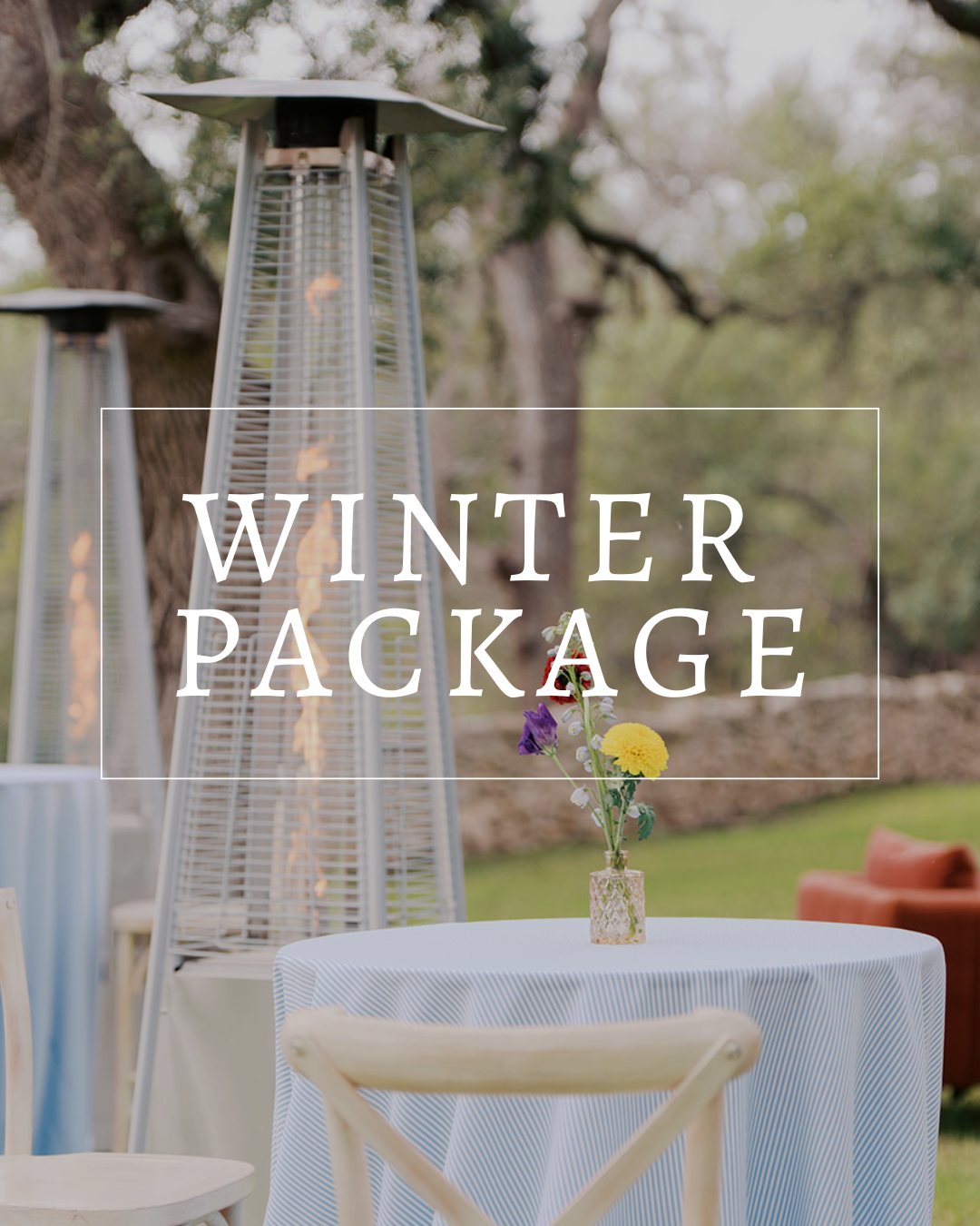 An outdoor event space with tall heaters and a small table featuring a floral arrangement, titled