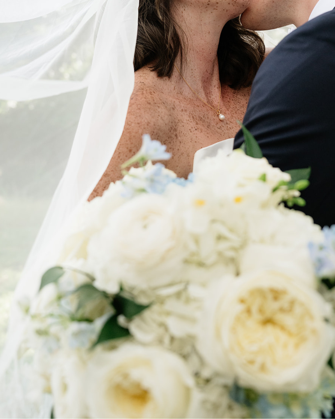 Bride holding white bouquet in a close-up wedding moment