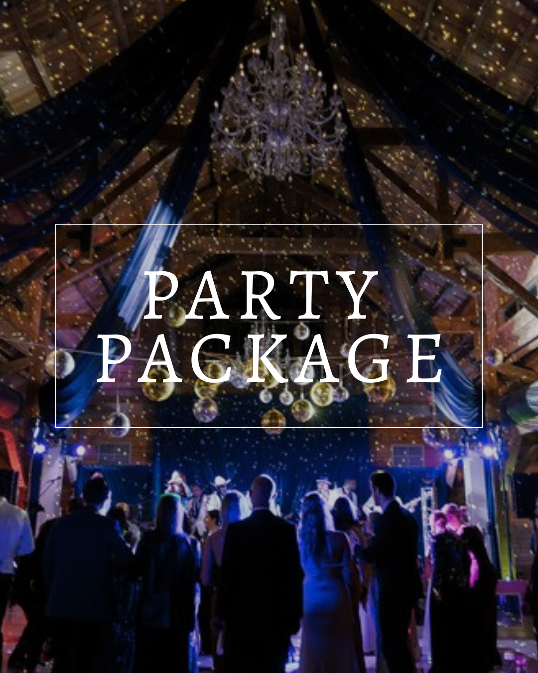 A crowded event space with a disco-lit dance floor and hanging glitter balls, featuring the text