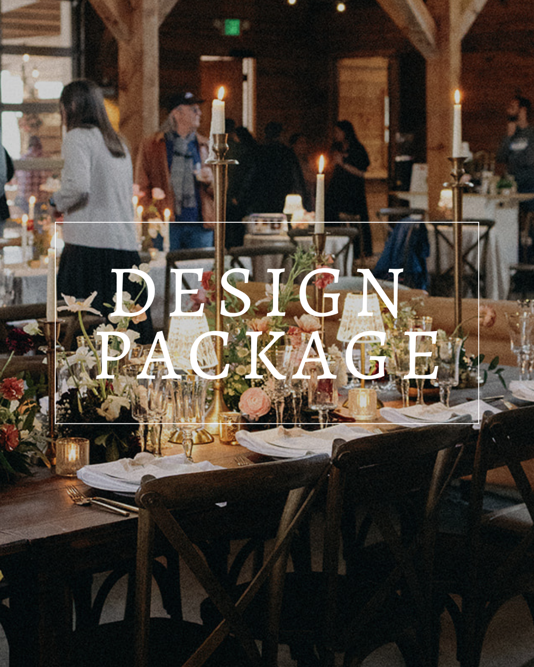 An elegant, candlelit dining table set for a wedding reception in a rustic barn venue, with the text