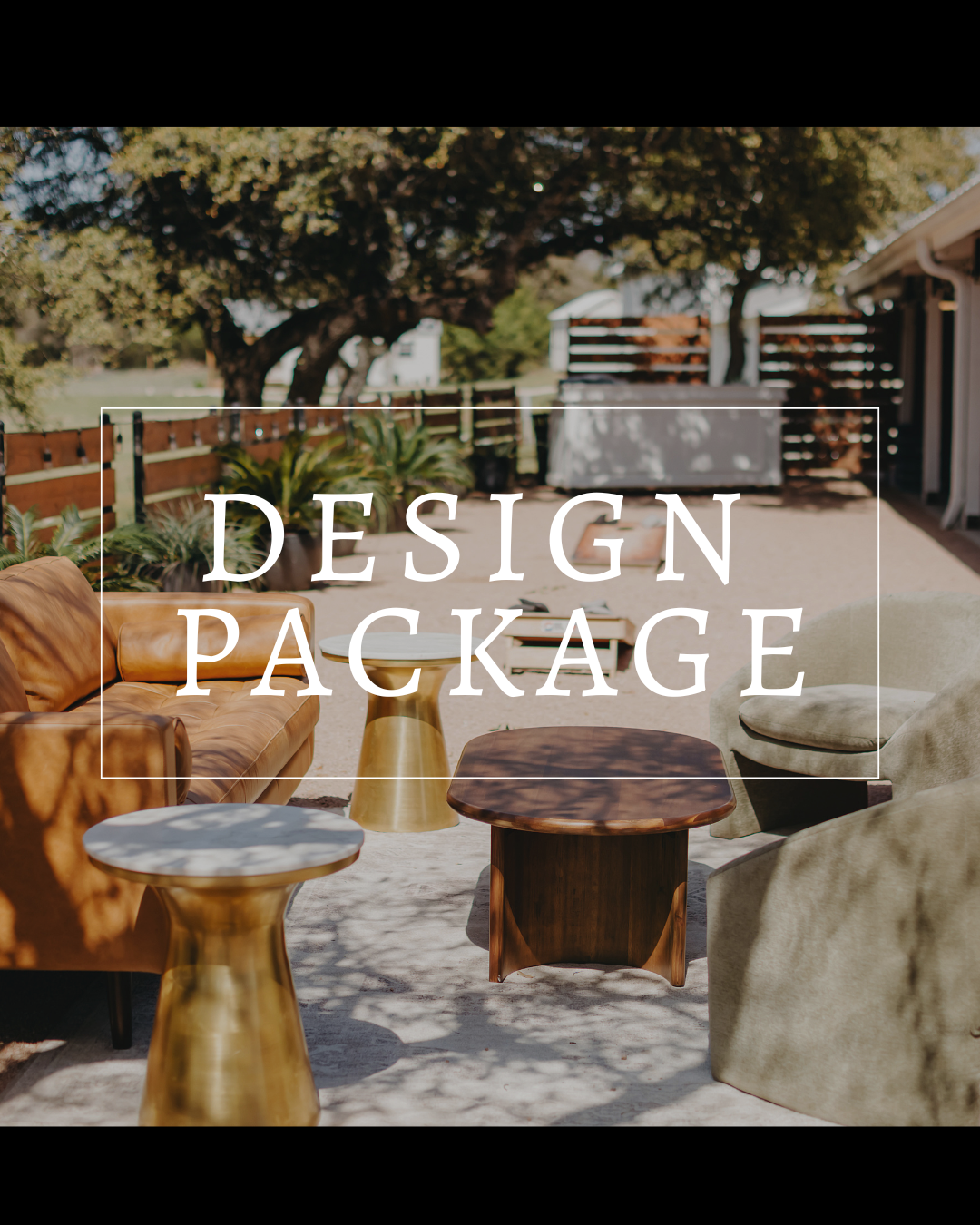 An outdoor patio lounge with leather furniture, gold tables, and chairs, overlaid with the text