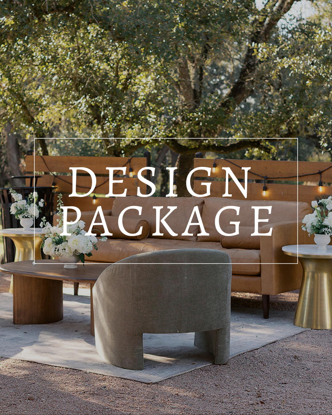 An outdoor lounge set with a tan sofa, round coffee table, and an armchair under string lights, labeled