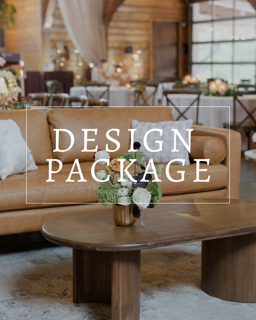 A tan leather sofa with a coffee table and floral centerpiece in a rustic venue, featuring text that reads