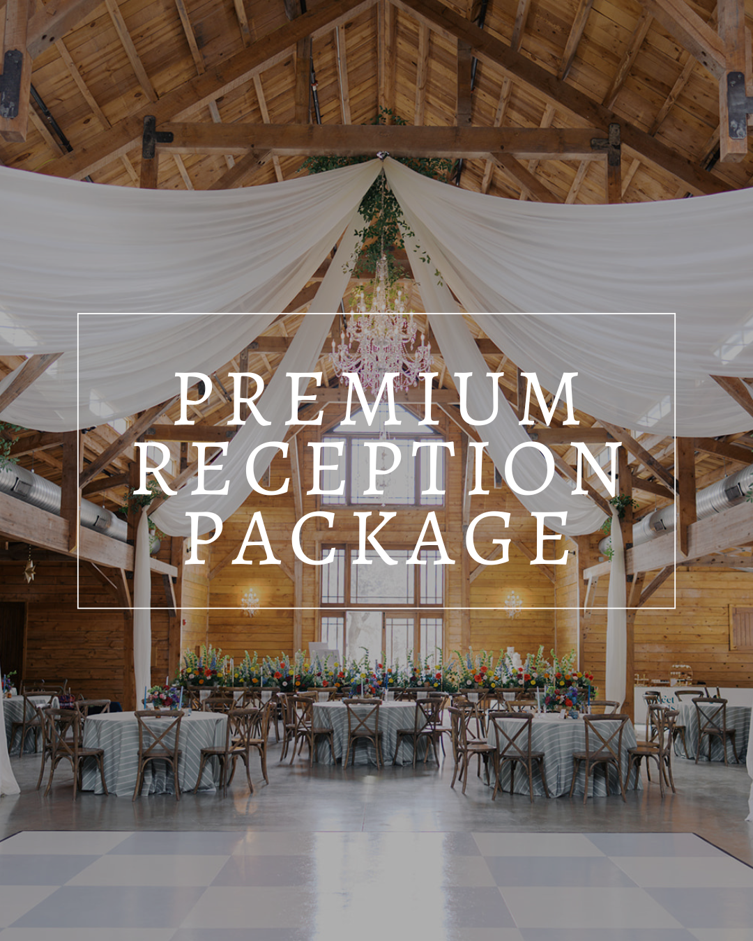 A rustic barn wedding reception with draped ceiling fabric, circular tables, and the text