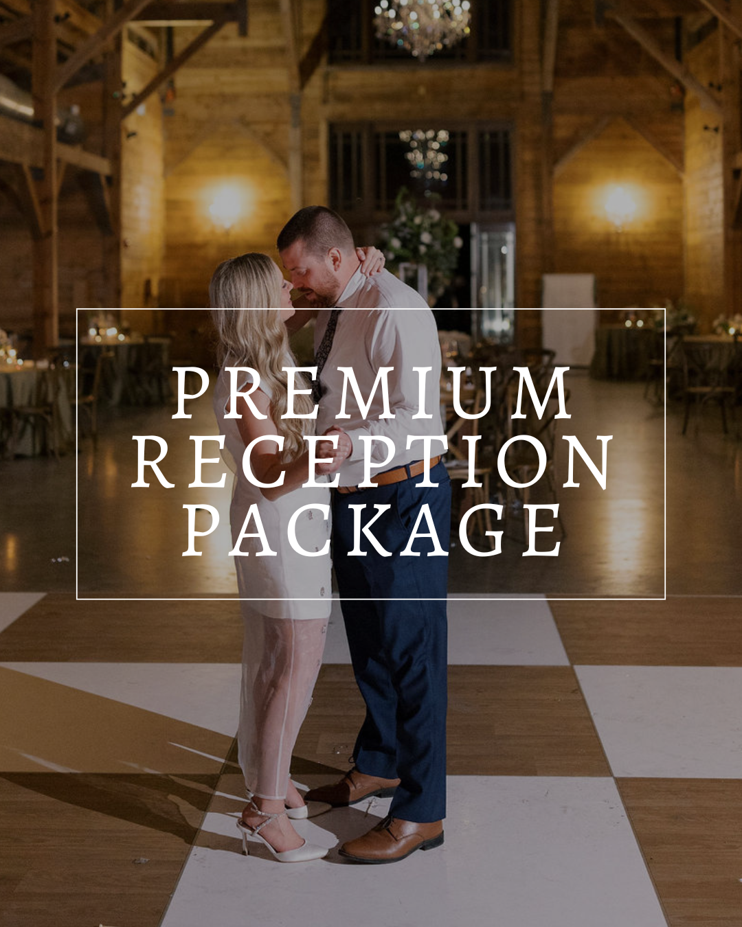 A couple kissing on a dance floor inside a rustic event venue, with text reading