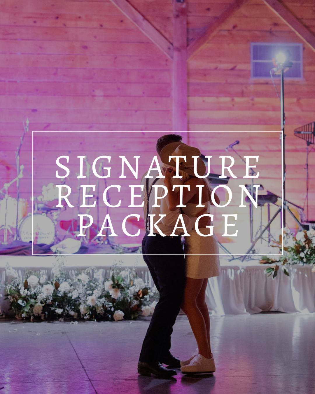 A couple dances together in a rustic wooden event space, with text overlay reading