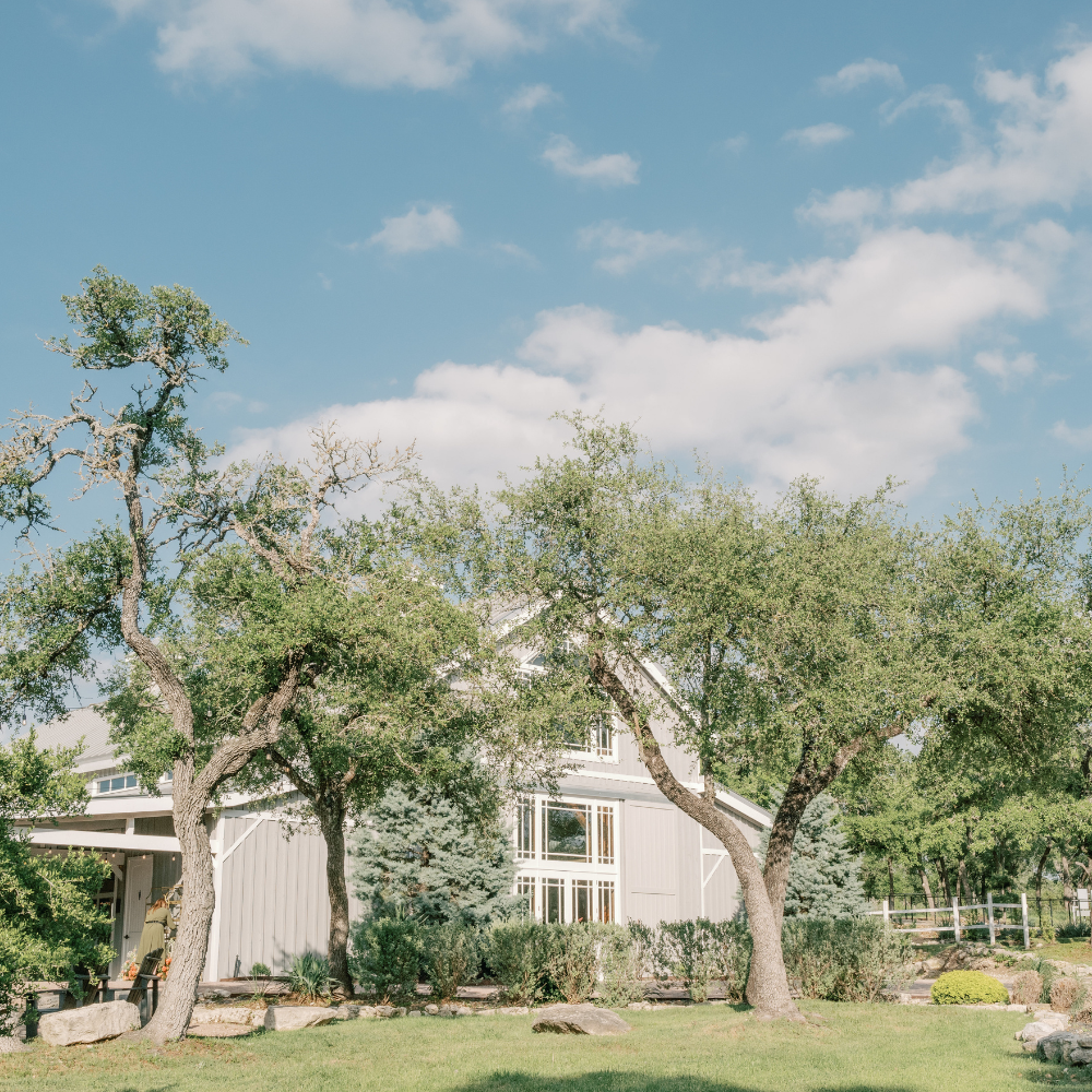 Modern house behind two trees under a bright blue sky with scattered clouds