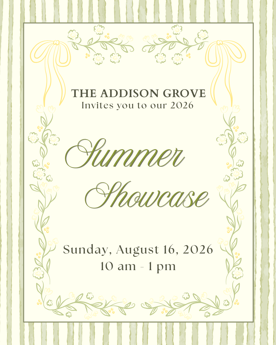 Green floral invitation for The Addison Grove’s “Summer Showcase,” Sunday, August 16, 2026, 10 am–1 pm