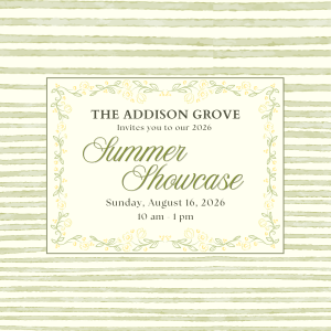 The Addison Grove 2026 Summer Showcase invitation in pale green with floral border and striped background