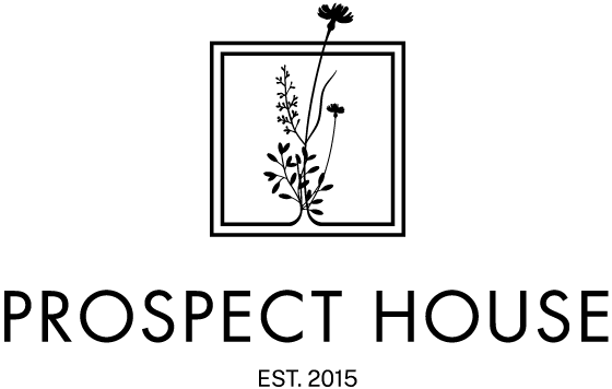 A logo for Prospect House, featuring a line-drawing of a plant inside a square box above the text