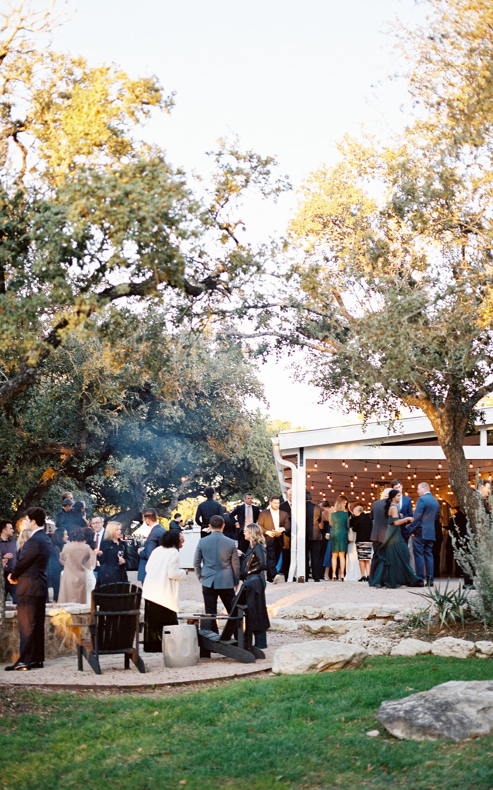 A crowd of people socializing outdoors at an evening party near a brightly lit patio under large, leafy trees.