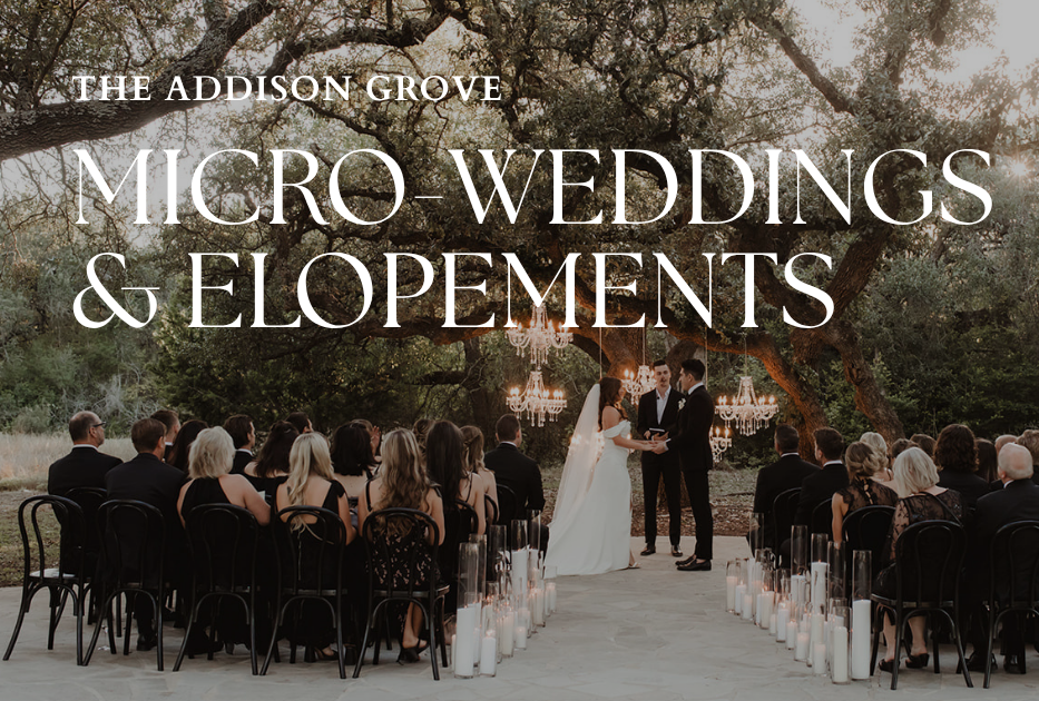 Outdoor wedding reception with guests seated under trees, titled “Micro-Weddings & Elopements”