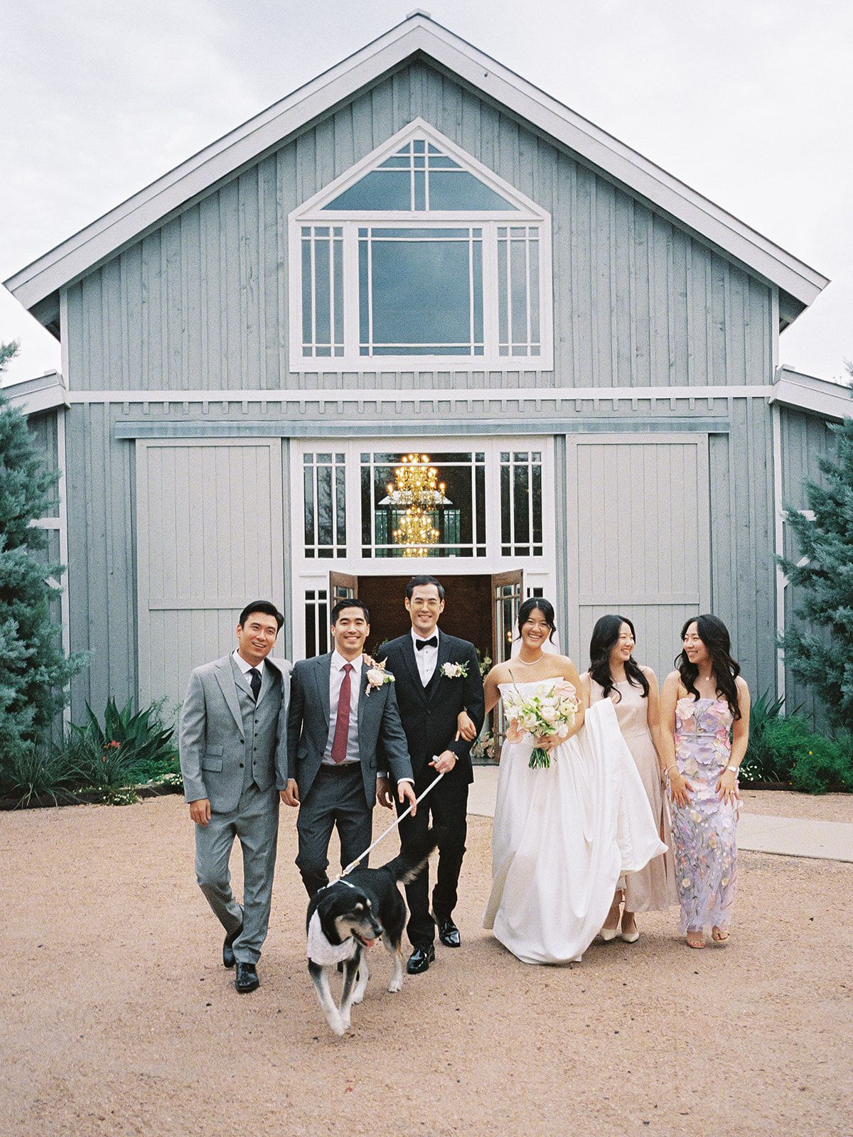 A bridal party with a dog walks away from a rustic, light blue barn wedding venue.