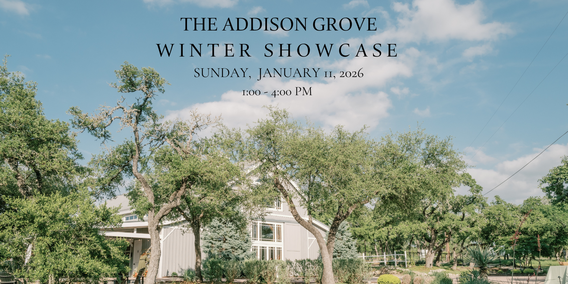 The Addison Grove Winter Showcase advertisement with trees in front of a white building under a cloudy sky.