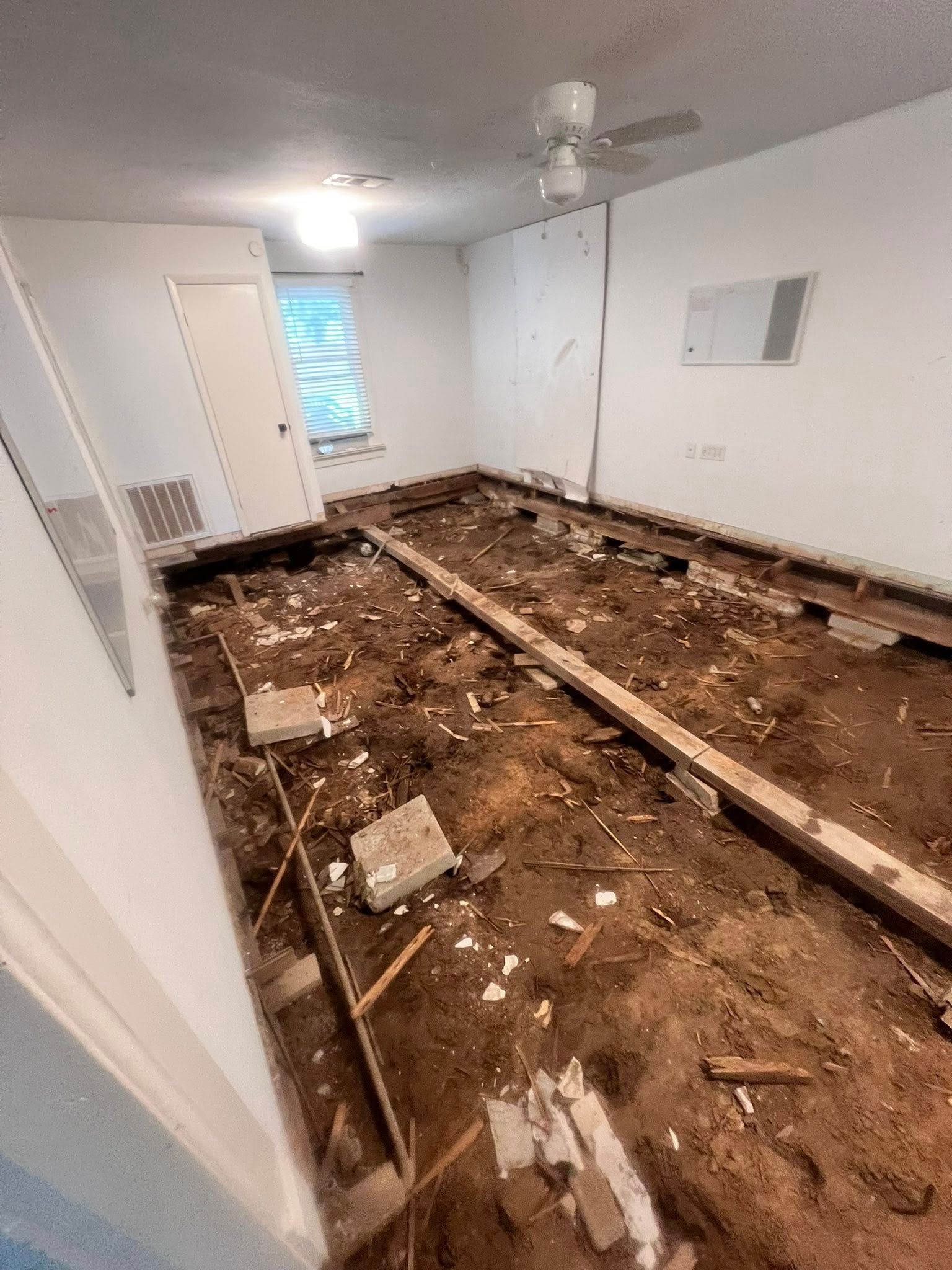 Room with floor removed, exposed joists and dirt, showing renovation or demolition in progress.