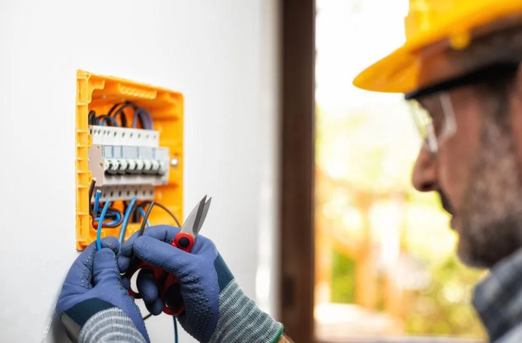 Electrician in Yellow Hard Hat Working on Electrical Panel — Switched On Electrics in Wagga Wagga, NSW