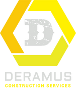 Deramus Construction Services logo with yellow hexagon, gray D, and gray/yellow text on white background
