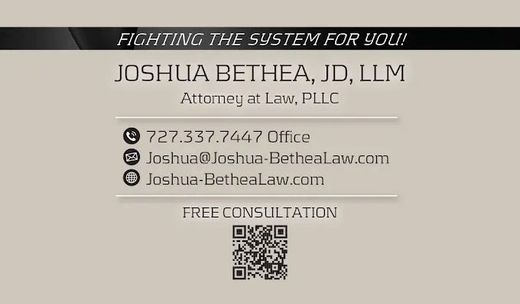Business card for Joshua Bethea, attorney, with contact details and free consultation QR code.