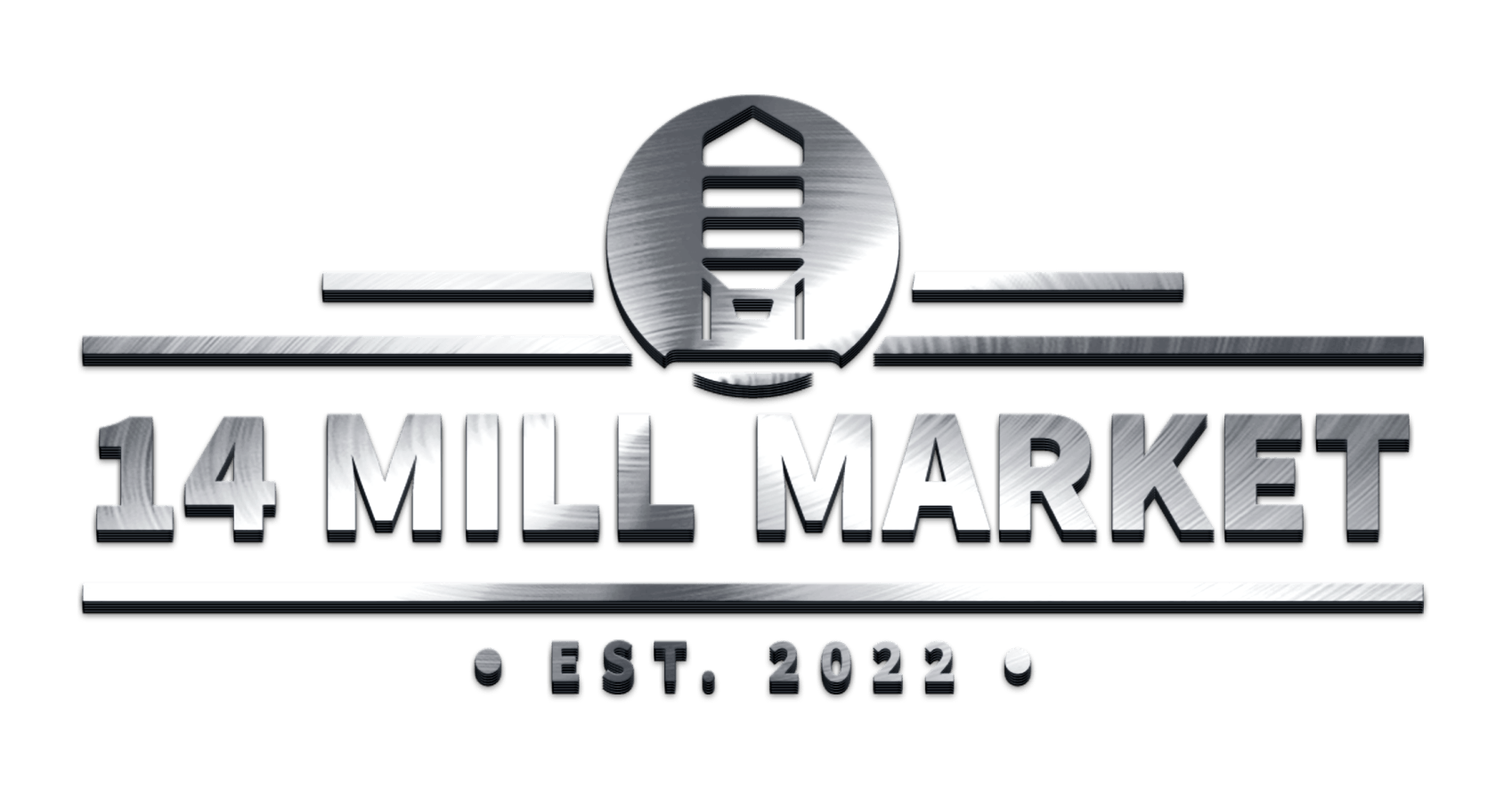 The logo for the 14 mill market is silver and has a microphone on it.