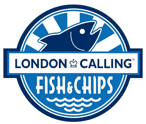 A blue and white logo for london calling fish and chips