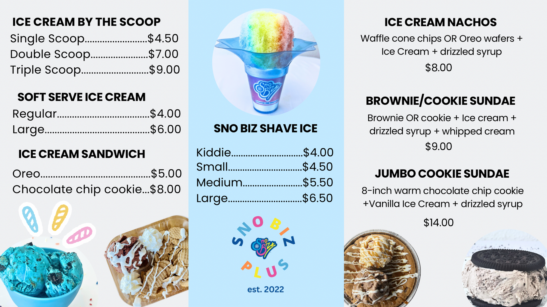 A menu for a restaurant called bizzy treat with a chicken on it.