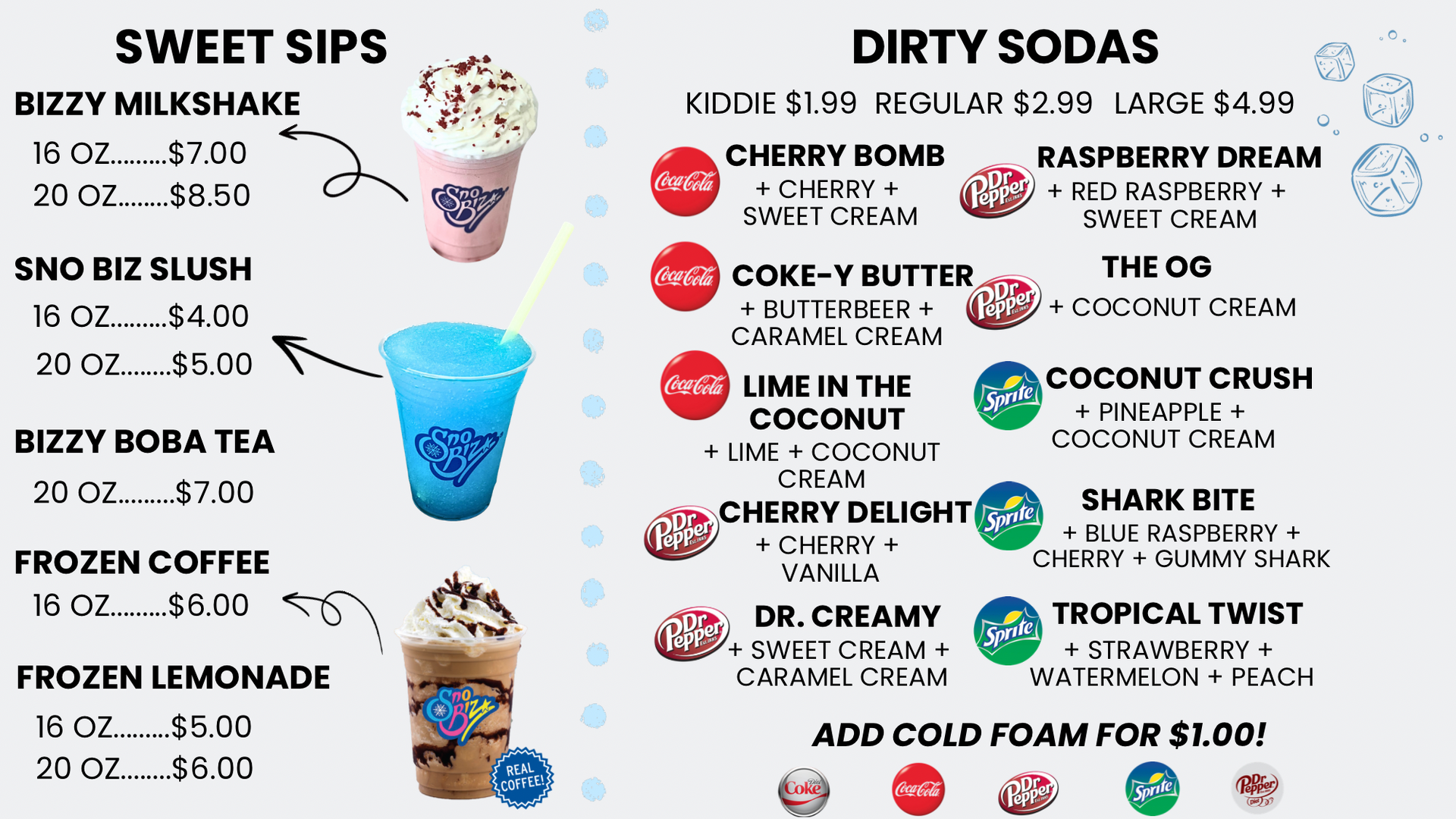 A menu for a restaurant called choose your bizzy special
