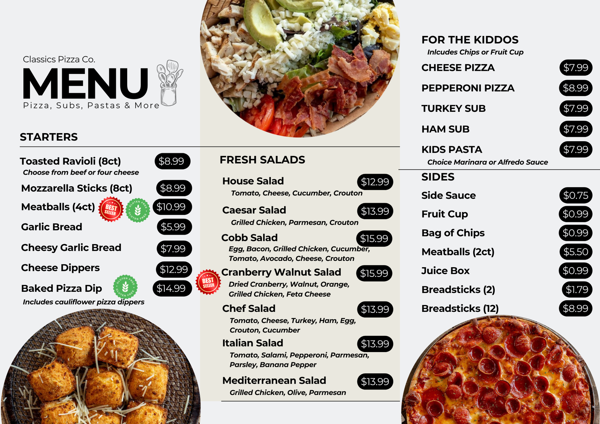 A menu for classics pizza co. pizza subs pasta and more