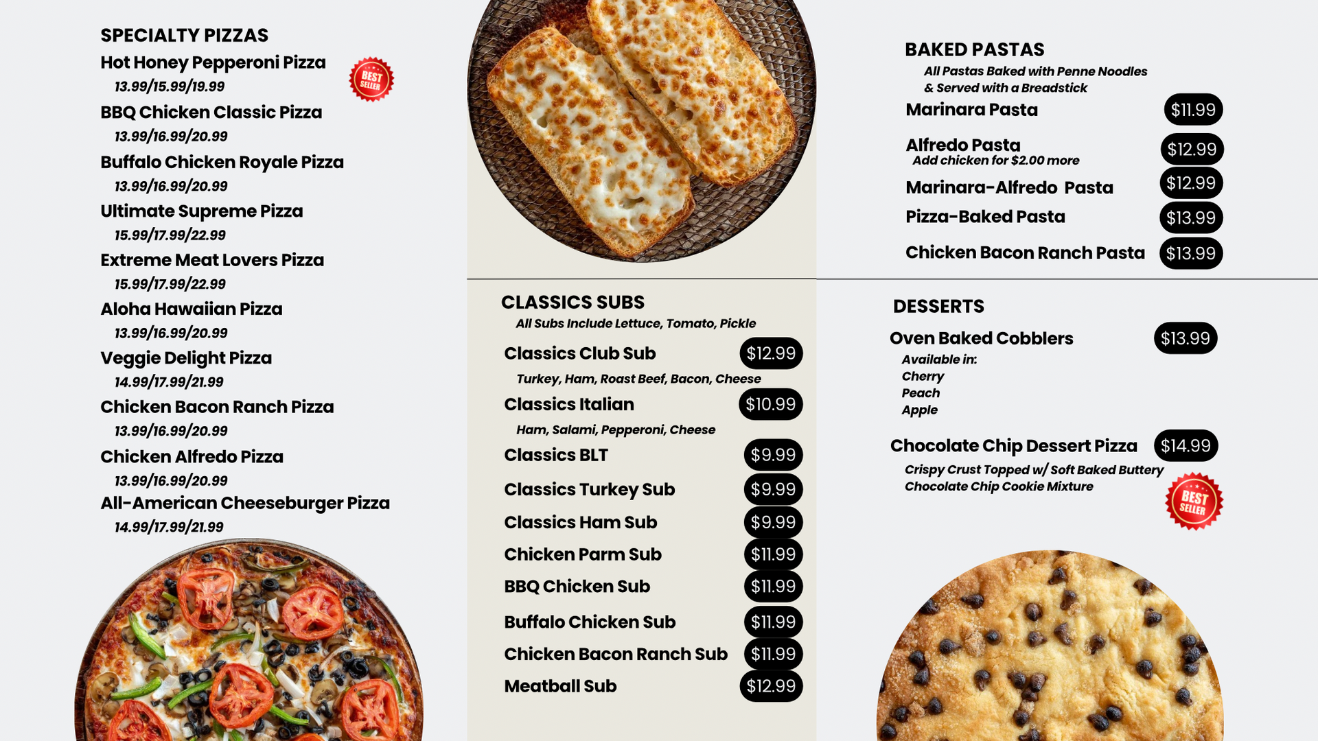 A menu for classics pizza co. pizza , subs , pasta and more