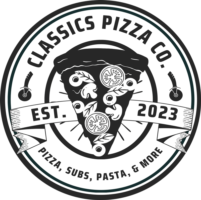 A black and white logo for classics pizza co.