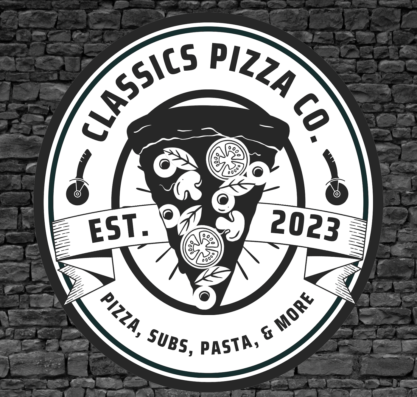 A black and white logo for classics pizza co.