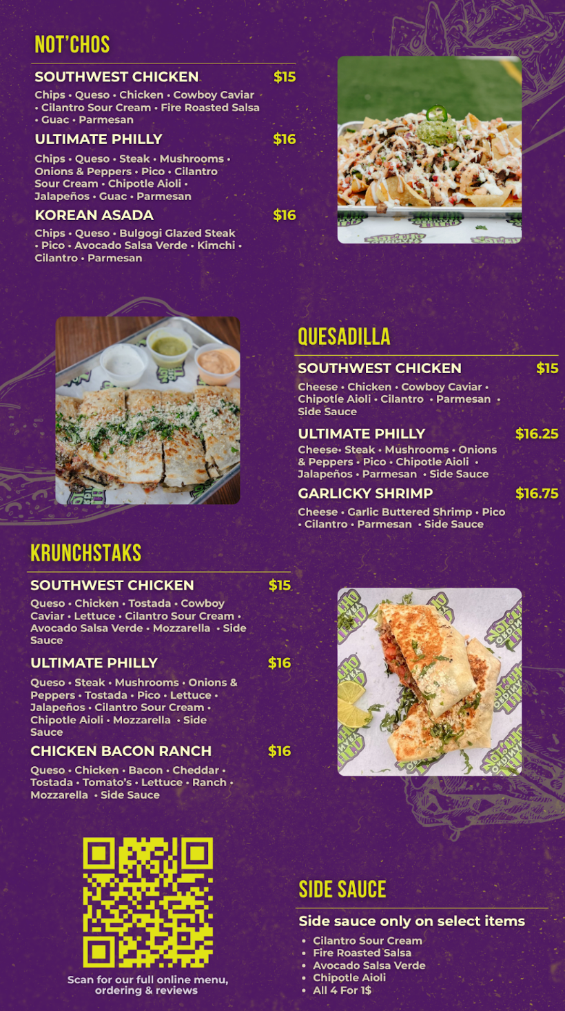 A menu for a restaurant called noti cho taco