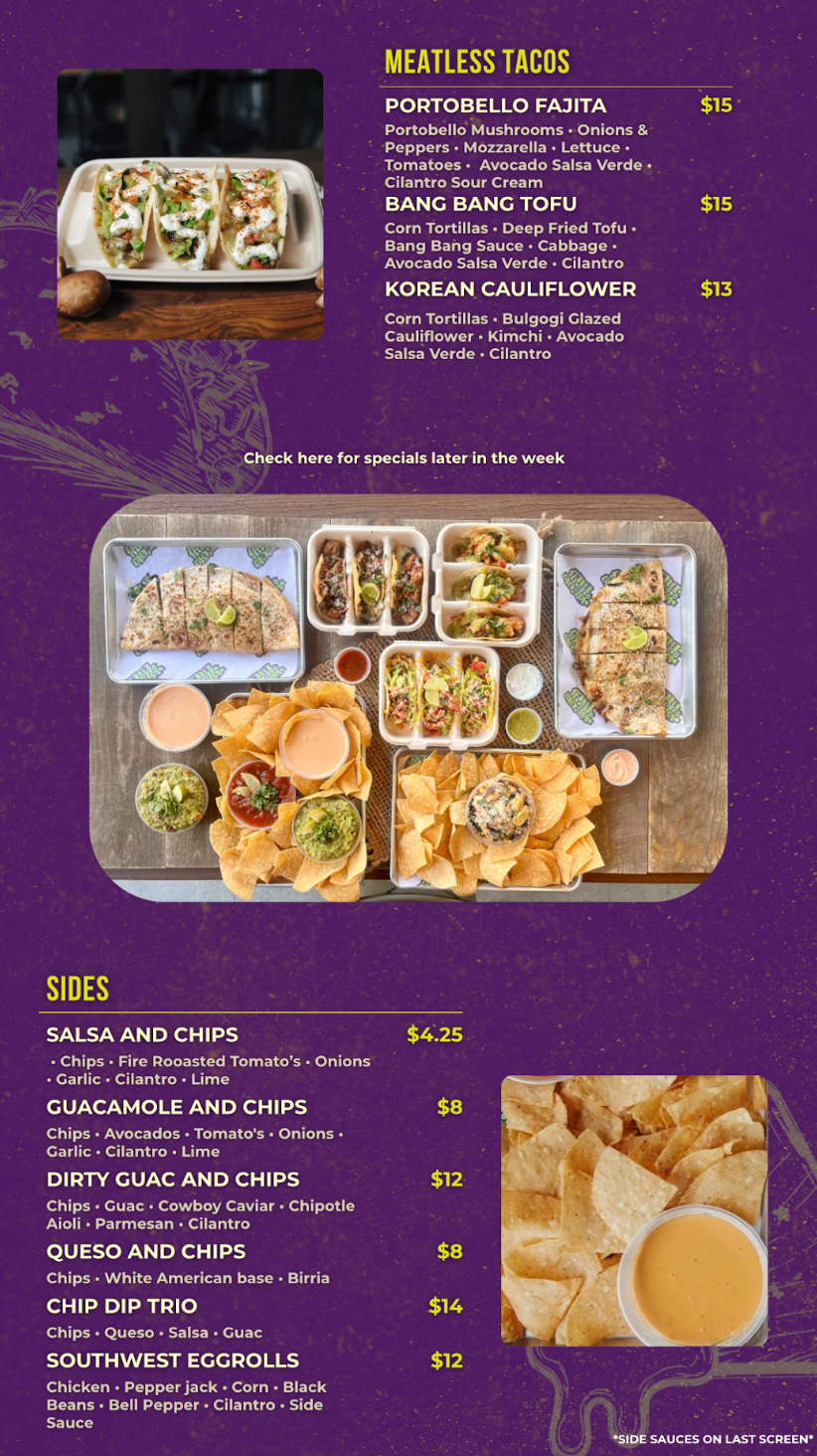A menu for a restaurant called street vibe tacos