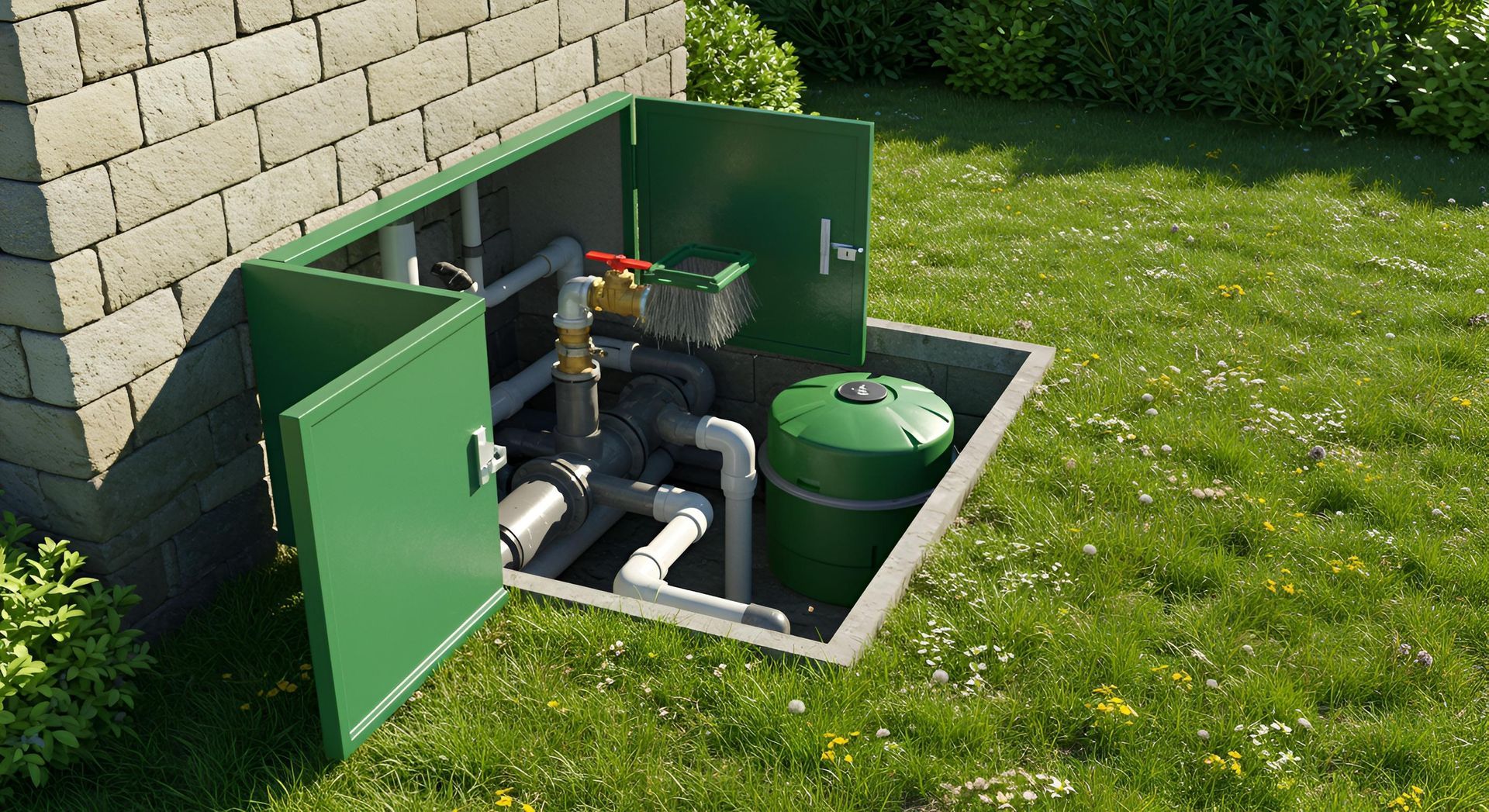 A green well enclosure on a grassy lawn with doors open, ready for professional pump service.