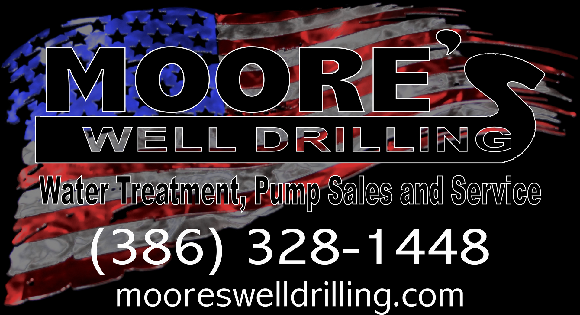 Moore's Well Drilling logo with American flag background, including phone number and website.