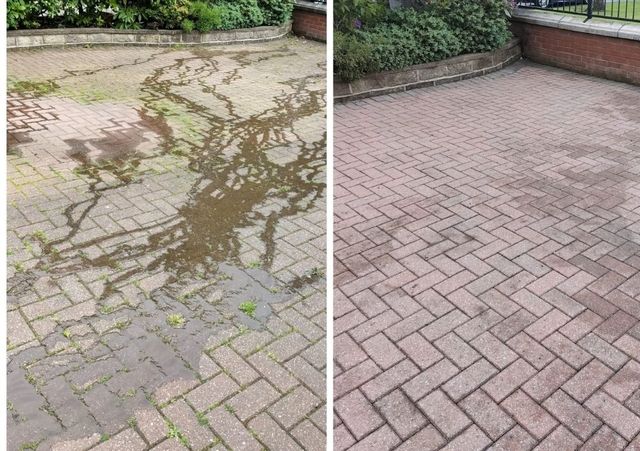 Block paving driveway before and after power cleaning in Sheffield, side by side