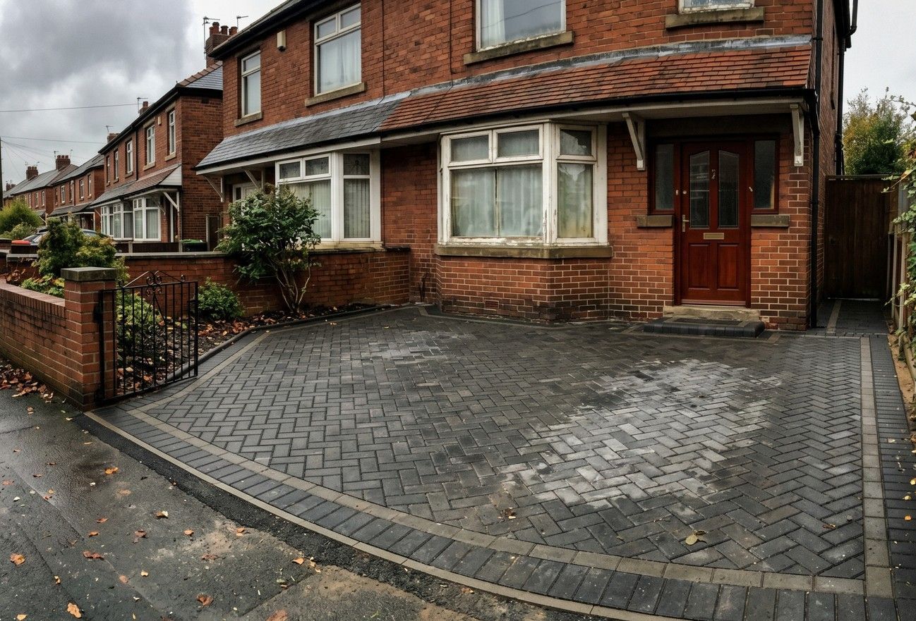 Herringbone block paving driveway on a terraced house in Woodseats Sheffield S8