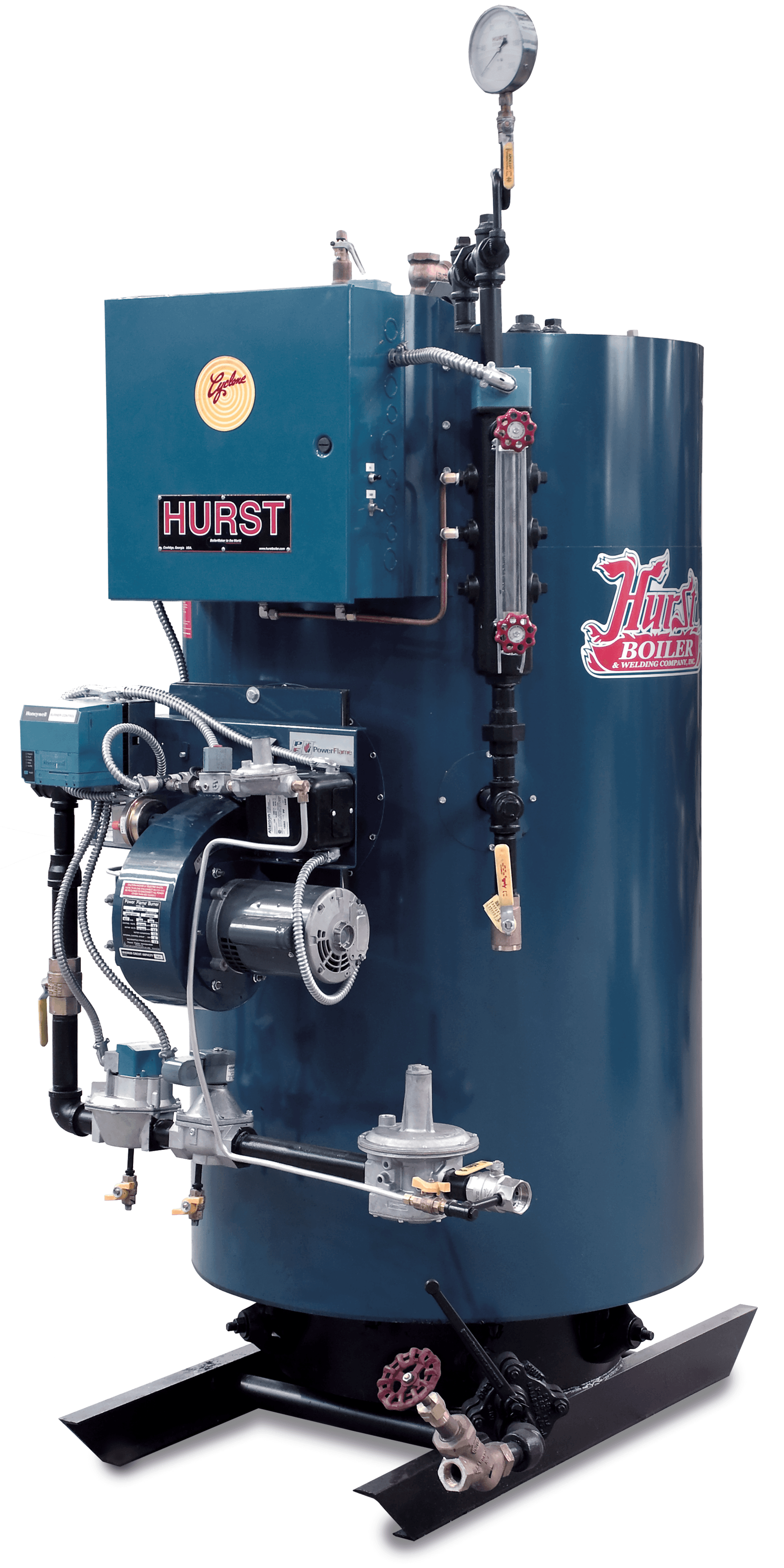 Blue industrial boiler with attached gauges, pipes and the HURST logo.