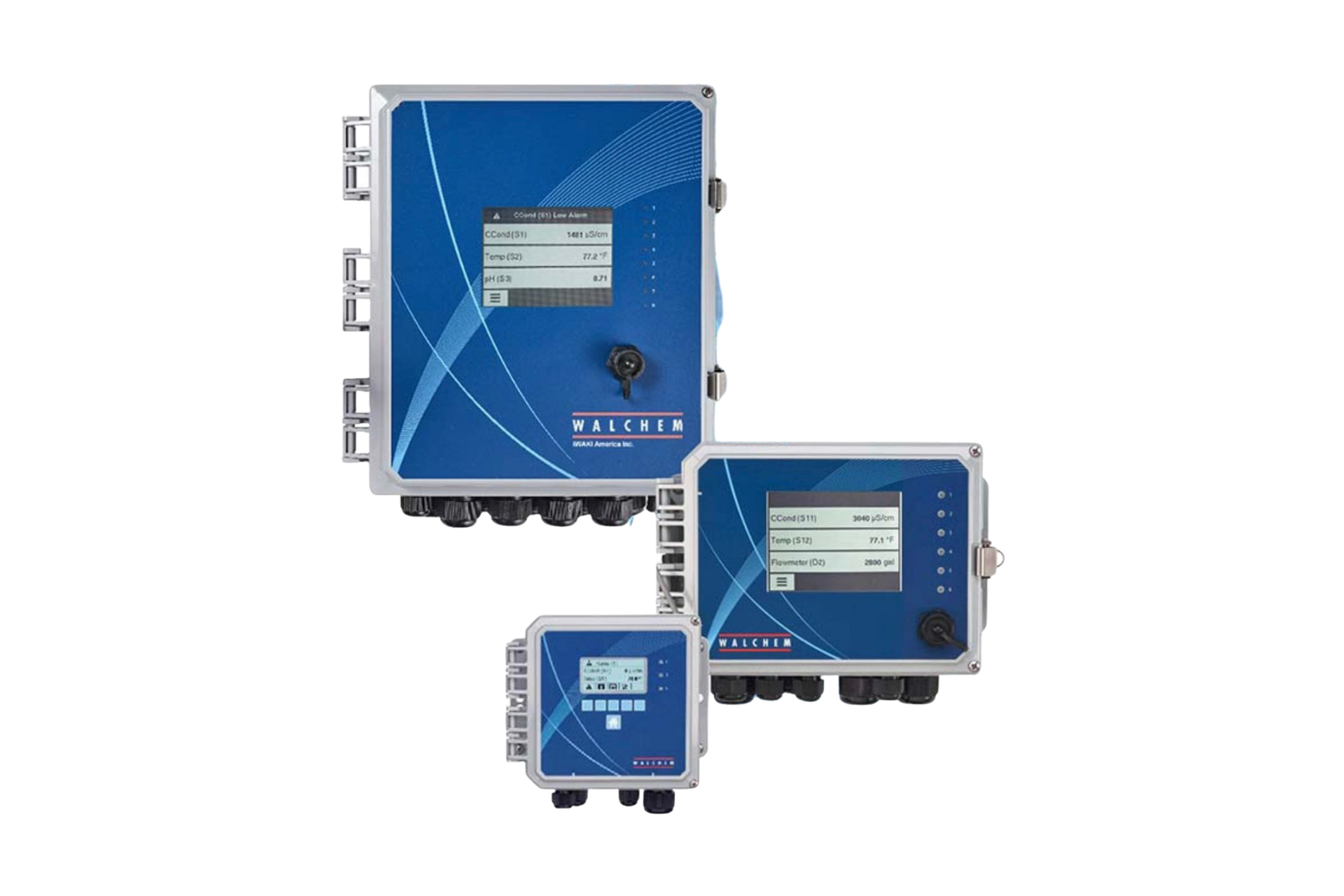 Three blue and silver industrial control panels of varying sizes.