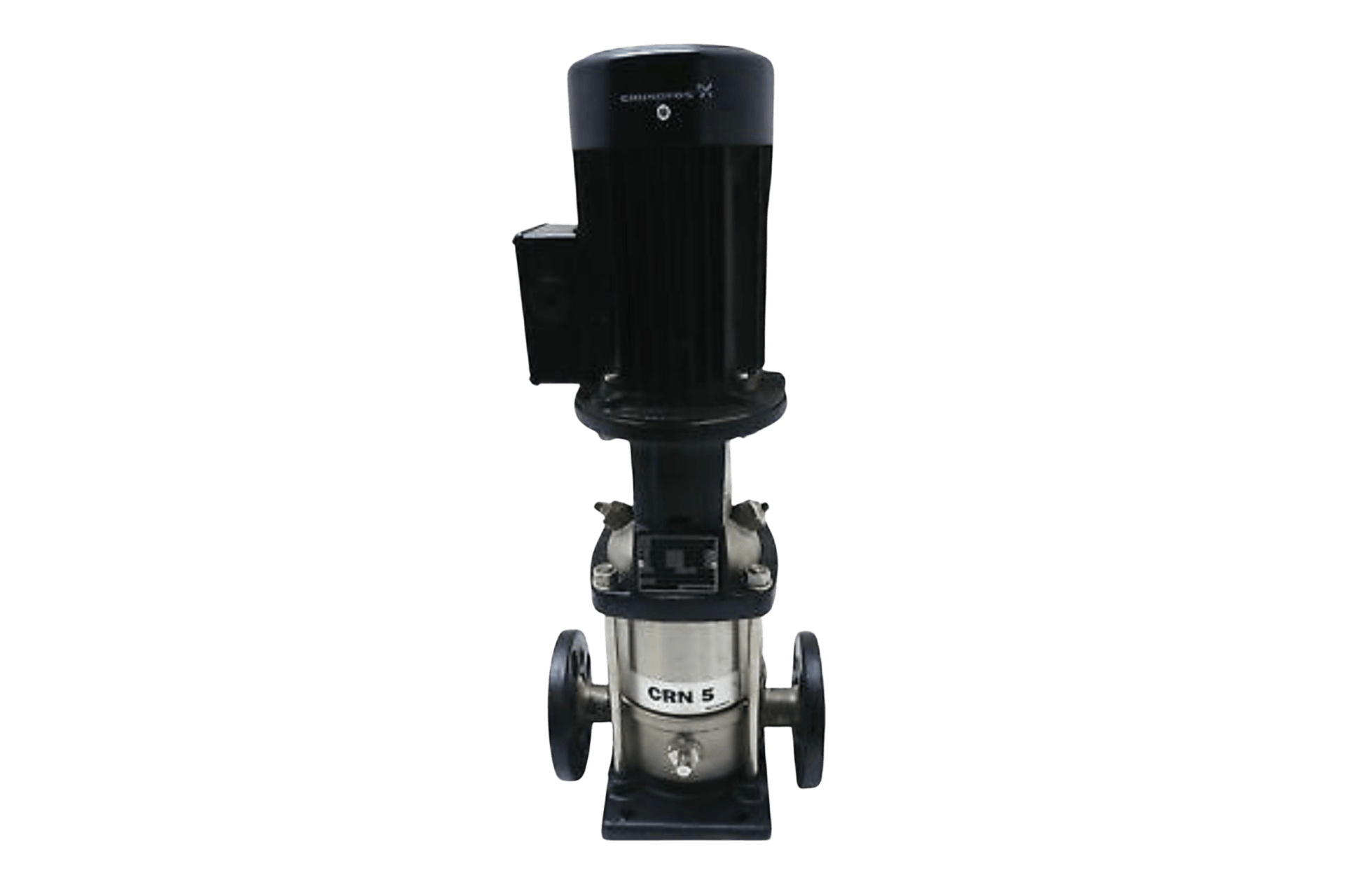 A vertical centrifugal pump with a black motor, stainless steel body, and flanged connections.