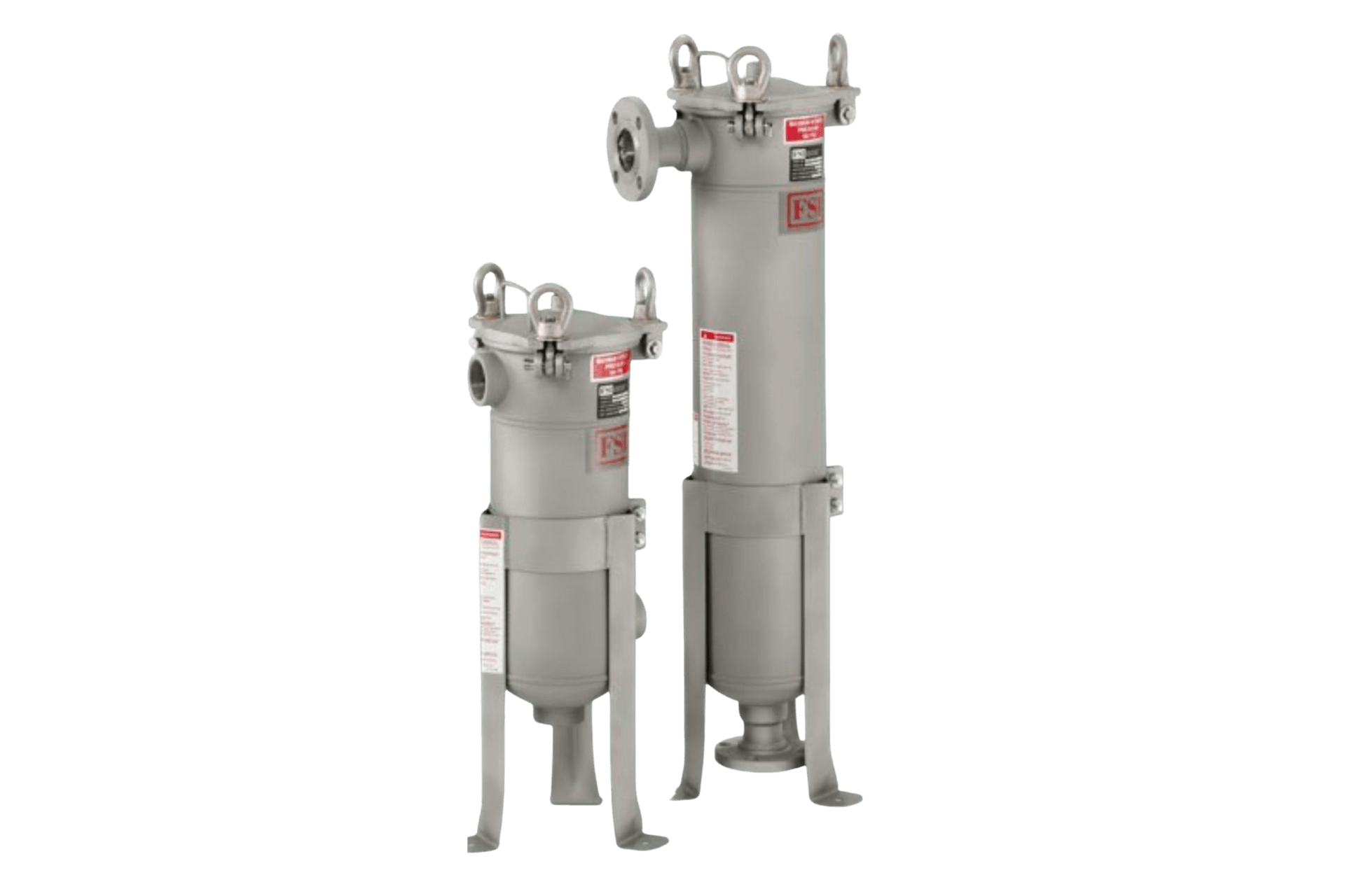 Two gray industrial filters of different heights, standing side-by-side, on a white background.