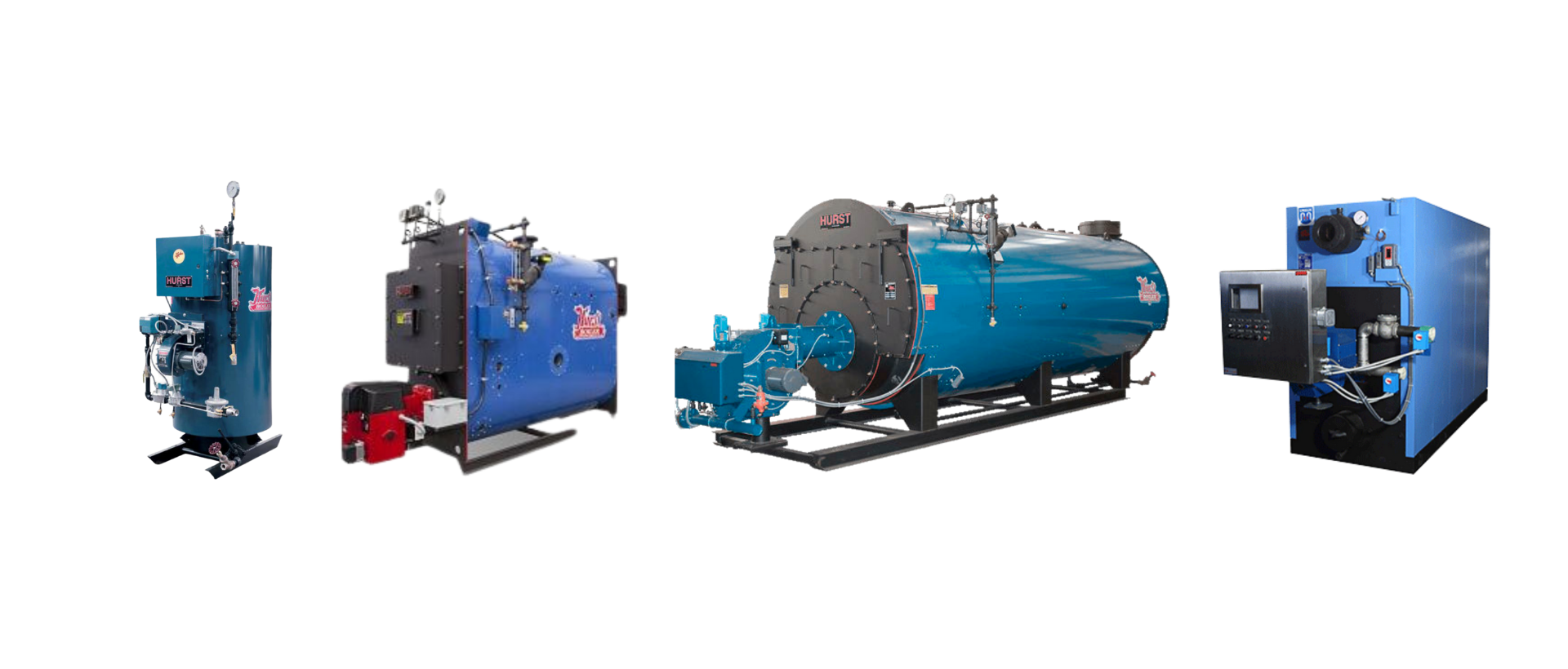 Four blue industrial boilers on a white background.