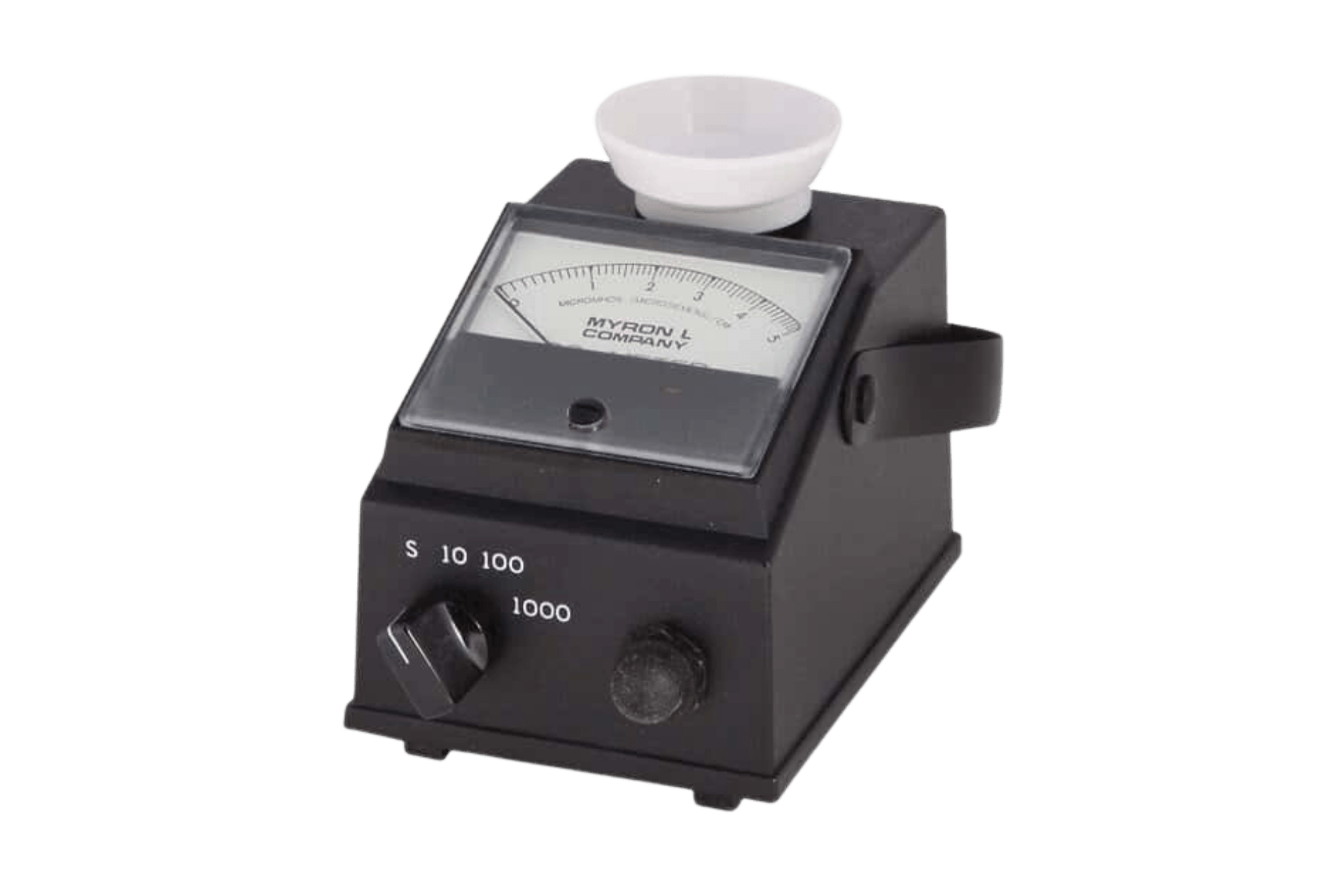 Black device with a meter, a white funnel, and knobs.